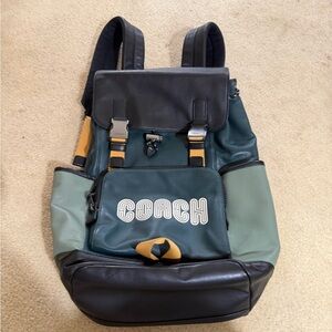 Coach Green & Black Leather-Trim Logo Backpack with Tan Accents